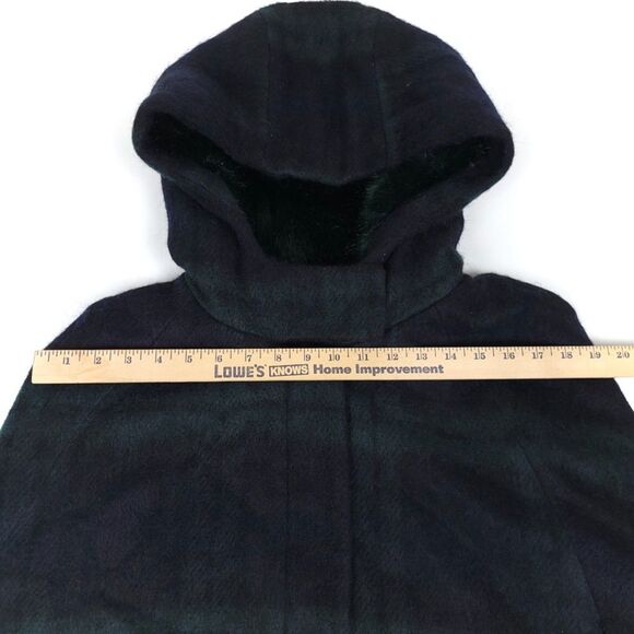 ZARA Wool Cape Zip Coat Fur Hood Navy Blue Green Tartan Plaid Lagenlook Medium - Picture 4 of 8